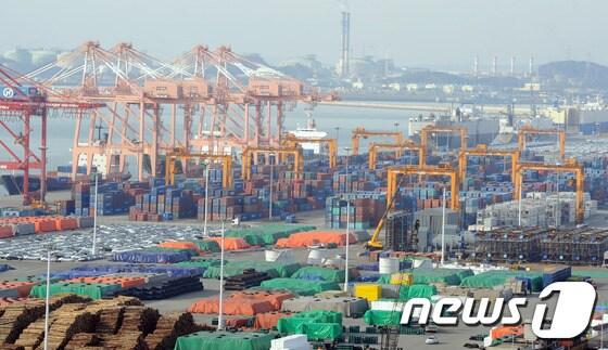본문 이미지 - 수출전진기지인 경기도 평택항에서 트럭들이 콘테이너를 분주히 실어 나르고 있다.  © News1   허경 기자