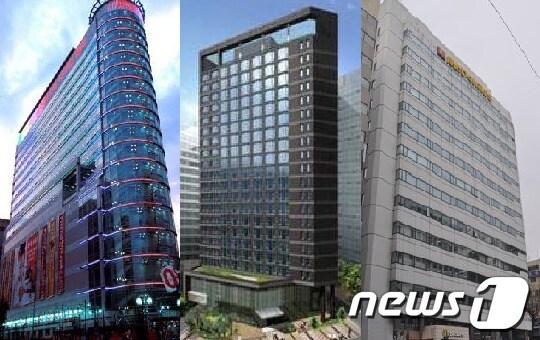 본문 이미지 - 비즈니스호텔로 리모델링 중인 명동 밀리오레,  2월 오픈을 앞둔 머큐어 앰배서더 강남,  하나투어가 연내 비즈니스호텥로 선보일 관훈빌딩.(사진 왼쪽부터)© News1 