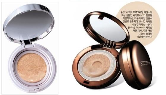 본문 이미지 - 아모레퍼시픽 브랜드 아이오페의 '에어쿠션 선블록'(왼쪽)과 LG생활건강 브랜드 숨37˚의 '모이스트 쿠션 파운데이션'(오른쪽).© News1