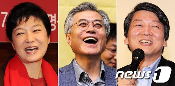 본문 이미지 - 10월의 마지막 주말인 27일 박근혜 새누리당&#40;왼쪽부터&#41;, 문재인 민주통합당, 안철수 무소속 후보가 대선행보를 이어가며 함박웃음을 짓고 있다. © News1 박세연 기자