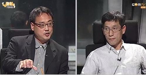 본문 이미지 - 변희재 미디어워치 대표와 진중권 동양대 교수(오른쪽)가 '사망유희' 토론을 펼치고 있다(곰TV 중계화면) © News1 