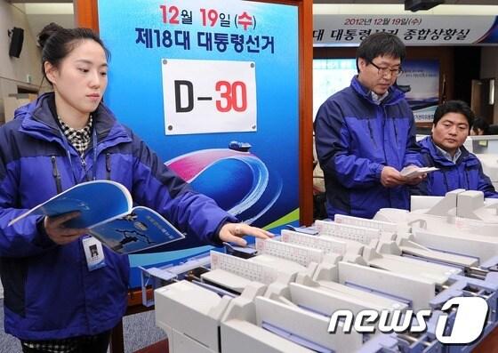 본문 이미지 - 제18대 대통령선거를 30일 앞둔 지난 19일 경기도 과천시 중앙선거관리위원회 선거종합상황실에서 선관위 관계자들이 개표 때 사용하는 투표지분류기를 시험운영하고 있다. © News1 박철중 기자