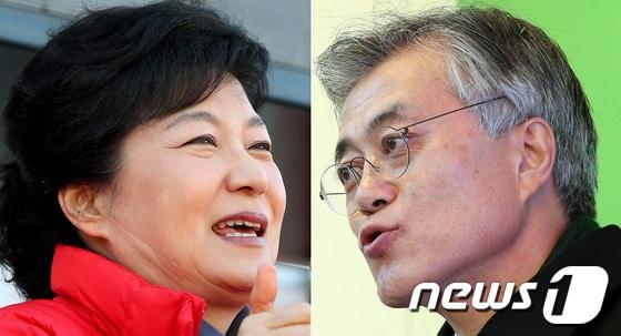 본문 이미지 - 제18대 대통령 선출을 위한 공식 선거운동이 시작된 27일 박근혜 새누리당 대선후보(왼쪽)와 문재인 민주통합당 대선후보가 각각 충청지역과 부산,경남지역을 첫 유세지로 찾아 유권자들의 표심을 호소하고 있다. 2012.11.27/뉴스1 © News1 이종덕, 이광호 기자