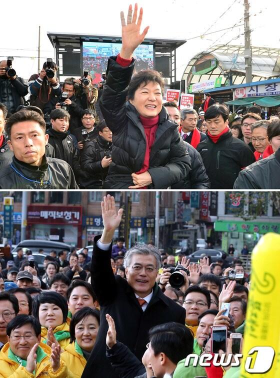 본문 이미지 - 18대 대통령 공식선거운동 기간 이틀째인 28일 오후 박근혜 새누리당 후보가 충남 당진시장에서(위), 문재인 민주통합당 후보가 대전역 앞 광장에서 유권자들에게 인사를 하며 유세를 펼치고 있다. 2012.11.28/뉴스1 © News1 이종덕, 이광호 기자