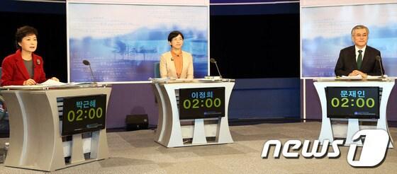 본문 이미지 - 새누리당 박근혜, 민주통합당 문재인, 통합진보당 이정희 대통령후보가 10일 서울 여의도 KBS 스튜디오에서 방송토론을 준비하고 있다. &#40;사진공동취재단&#41; 2012.12.10/뉴스1 © News1   사진공동취재단