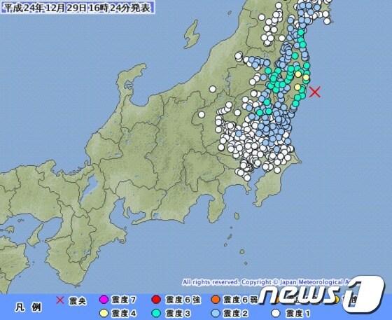 본문 이미지 - 29일 일본 후쿠시마 연안에서 발생한 지진 규모 그래픽(일본기상청 제공) © News1 