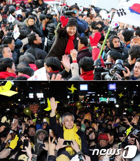 본문 이미지 - 박근혜 새누리당 대선 후보(사진 위)와 문재인 민주통합당 대선 후보가 지난 8일 서울 광화문 광장에서 시간차를 두고 대규모 유세를 펼치고 있다. 2012.12.8/뉴스1 © News1 이종덕, 허경 기자
