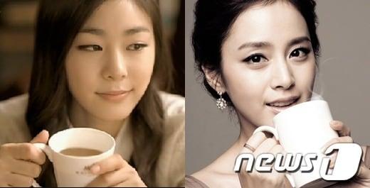 본문 이미지 - 카제인 나트륨 대신 무지방 우유를 넣은 커피인 동서식품 '맥심 화이트 골드'와 남양유업 '프렌치카페 카페믹스'의 CF 모델인 김연아와 김태희. © News1 