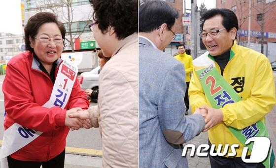본문 이미지 - 제19대 국회의원 선거 서울 송파병 지역에 출마한 김을동 새누리당 후보와 정균환 민주통합당 후보 © News1 박철중 기자