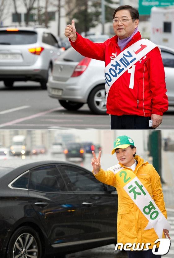 본문 이미지 - 양천(갑) 새누리당 길정우 후보와 민주통합당 차영 후보가 2일 오후 서울 양천구 목동에서 유권자들과 인사를 나누며 지지를 호소하고 있다. © News1 이명근 기자