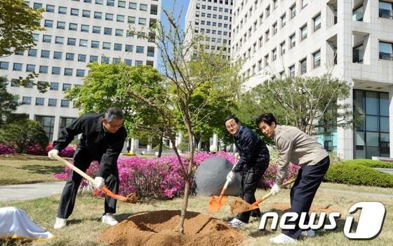 본문 이미지 - 이돈구 산림청장(오른쪽)과 이수원 특허청장(가운데), 김영후 병무청장이 26일 오전 열린 정부대전청사 기관장 합동 유실수 심기 행사에서 앵도나무를 심고 있다. © News1 