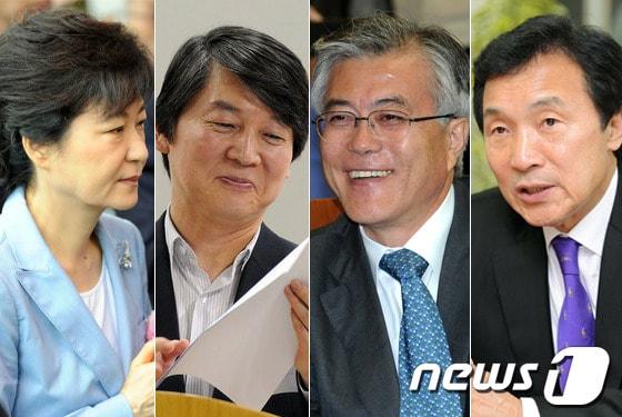 본문 이미지 - 왼쪽부터 박근혜 전 새누리당 대표, 안철수 서울대 융합과학기술대학원장, 문재인 민주통합당 상임고문, 손학규 민주통합당 상임고문. © News1 진성훈 기자