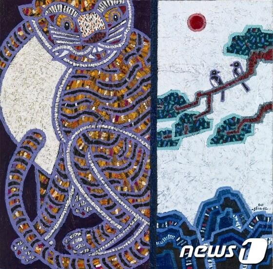 본문 이미지 - 서양화가 박주하 작가의 까치호랑이 /사진제공=무각사 로터스 갤러리© News1 