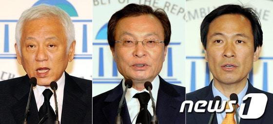 본문 이미지 - 민주통합당 당대표 후보인 김한길(왼쪽부터 기자회견 순서대로),이해찬, 우상호 의원이 6일 오후 국회 정론관에서 새누리당의 색깔론을 비판하는 기자회견을 하고 있다.2012.6.6/뉴스1 © News1 이광호 박정호 기자