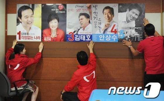 본문 이미지 - 새누리당 대권 주자들이 본격적인 경선레이스를 시작한 가운데 22일 오전 서울 여의도 새누리당사에서 당 관계자들이 경선후보 포스터를 벽에 붙이고 있다. 2012.7.22/뉴스1 © News1 허경 기자