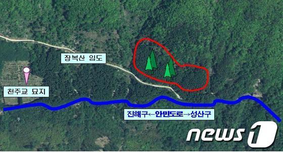 본문 이미지 - 창원시 진해구 경화동 산1-1번지 장복산 임도변 일원에 조성될 편백숲 쉼터 위치도 (사진제공=창원시청) © News1 