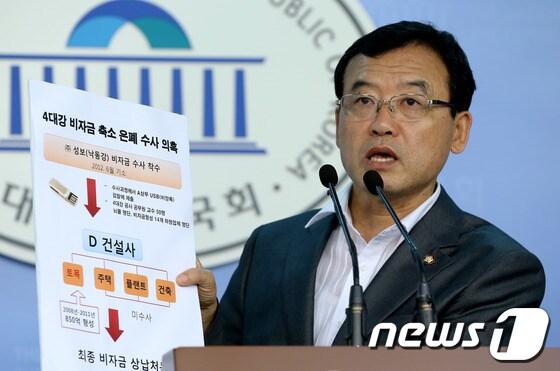 본문 이미지 - 민주통합당 임내현 의원이 2일 오전 서울 여의도 국회 정론관에서 4대강 비자금 축소 은혜 수사 의혹에 대해 기자회견을 하고 있다. 임 의원은 이명박 정권의 '4대강 살리기' 공사 비자금 형성 의혹에 대해 검찰은 축소, 은혜하지 말라며 향후 검찰이 지체없이 수사에 착수하지 않을 경우 제보 받은 내용 중 비자금 중 상당부분이 정권의 실세에게 전달되었다는 추가 의혹 및 전현직 검찰 고위층의 수사 무마 시도 등에 대해 추가적인 사실 확인을 거쳐 발표하겠다고 말했다. 2012.8.2/뉴스1 © News1 박정호 기자