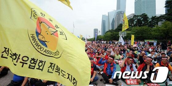 본문 이미지 - 12일 오후 서울 여의도 문화광장에서 전국한우협회 주최로 열린 '한우농가 생존권 쟁취 총궐기대회'에 참석한 농민들이 한우산업 희생대책을 촉구하는 구호를 외치고 있다. 2012.9.12/뉴스1 © News1 박지혜 기자