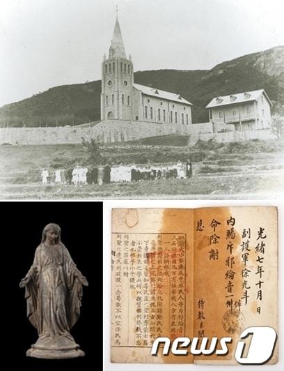 본문 이미지 - 울산대곡박물관이 마련한 특별전 '천주교의 큰 빛, 언양 - 구원을 찾아온 길'에서 선보일 유물. 왼쪽부터 언양성당 전경, 언양성당 성모상, 척사윤음. (울산시 제공) © News1 