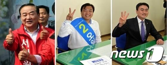 본문 이미지 - 10일 오후 화성시선거관리위원회에서 재보궐 선거 후보등록을 마친 세명의 후보들..  © News1 