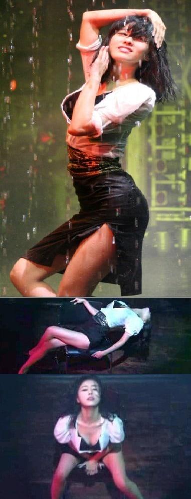 본문 이미지 - 오지은 나이트클럽 물벼락 댄스(KBS 제공(위), 온라인 커뮤니티(아래))© News1  