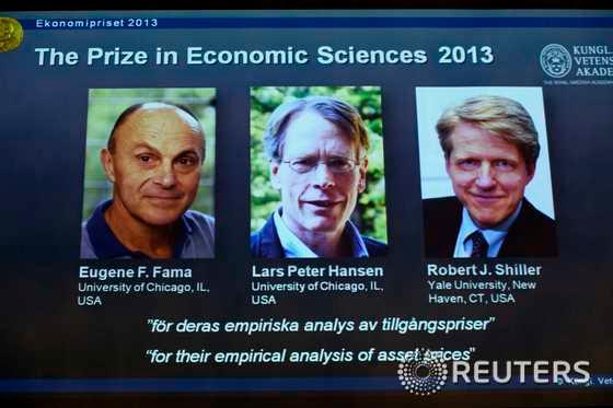 본문 이미지 -  유진 파머 시카고대 교수, 라르스 피터 한센 시카고대 교수, 로버트 실러 예일대 교수. © 로이터=뉴스1   윤태형 기자