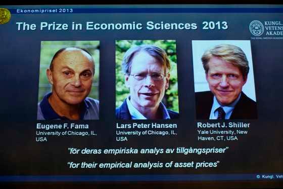 본문 이미지 - 올해 노벨 경제학상 수상자인 유진 파마 시카고대 교수, 라르스 피터 한센 시카고대 교수, 로버트 실러 예일대 교수. © 로이터=뉴스1   윤태형 기자