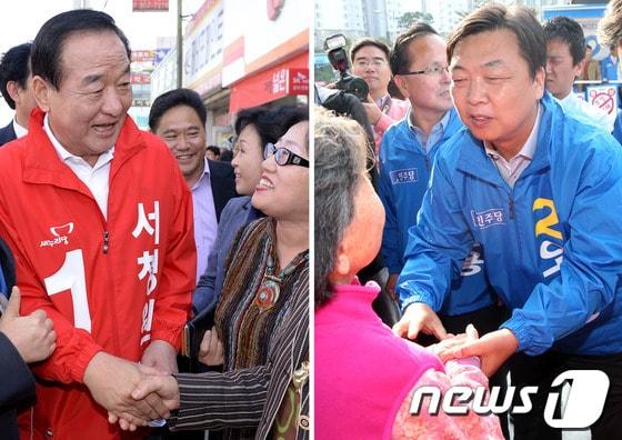 본문 이미지 - 10.30 재보선 공식 선거 운동 시작된 17일 경기도 화성시에서 서청원 새누리당 후보&#40;왼쪽&#41;와 오일용 민주당 후보가 각각 출정식을 열고 주민들과 인사하고 있다. 2013.10.17/뉴스1 © News1 이동원, 허경 기자