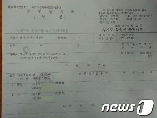 본문 이미지 - 서청원 후보 측이 보도자료에 첨부한 서청원 후보와 이선화 여사의 주민등록등본 사본 News1 