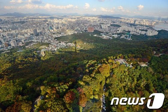 본문 이미지 - 완연한 가을 날씨를 보인 20일 서울 N서울타워에서 본 남산이 가을색으로 물들어가고 있다. 2013.10.20/뉴스1 © News1   손형주 기자