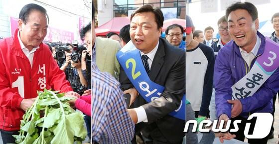 본문 이미지 - 10.30 재보선 경기 화성갑에 출마한 여야 후보들이 공식 선거운동 첫 주말이었던 지난 20일 화성시 지역구 일대에서 유권자들을 만나 지지를 호소하고 있다. (왼쪽부터) 새누리당 서청원, 민주당 오일용, 통합진보당 홍성규 후보.  © News1 