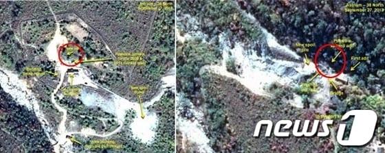 본문 이미지 - 미국 존스홉킨스대 한미연구소가 운영하는 북한 전문 웹사이트 38노스가 북한 함경북도 길주군 풍계리 핵실험장 촬영된 위성사진에서 두개의 새로운 터널 입구가 발견됐다고 지난해 10월 23일 밝혔다. 이는 추가로 핵실험을 실시하려고 준비하는 것일 수도 있고 기존 갱도 내부의 통행과 통풍 등을 원할하게 하기 위한 출입구 건설 작업일 수도 있다고 이 웹사이트는 분석했다. 사진 왼쪽은 지난달 27일 핵 실험장 서쪽에서 촬영된 위성사진, 오른쪽은 지난 7월 남쪽에서 촬영된 위성사진. &#40;38노스 캡처&#41; 2013.10.23/뉴스1 © News1 김보영