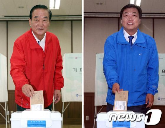 본문 이미지 - 10.30 보궐선거 화성갑에 출마한 새누리당 서청원 후보&#40;왼쪽&#41;와 민주당 오일용 후보 지난 25일 오전 경기도 화성시 봉담읍사무소에서 사전투표를 하고 있다. 2013.10.25/뉴스1 © News1   허경 기자