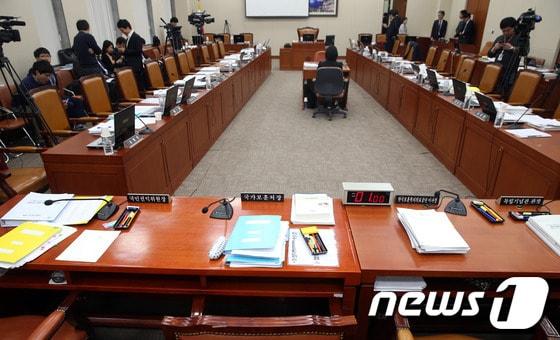 본문 이미지 - 28일 오후 서울 여의도 국회 정무위원회에서 열린 국민권익위원회, 국가보훈처 등에 대한 국정감사에서 박승춘 국가보훈처장이 야당 의원들의 안보교육 DVD 교재와 관련된 자료제출 요구 거부로 파행을 겪고 있다. 2013.10.28/뉴스1 © News1   허경 기자