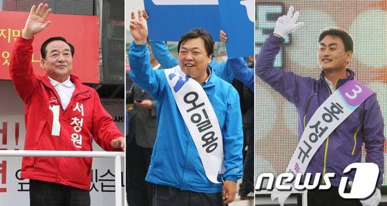 본문 이미지 - 10·30 재보선 화성갑에 출마한 후보들이 선거를 하루 앞뒀던 29일 경기도 화성시에서 각각 막판 선거유세를 펼치고 있다. 왼쪽부터 서청원 새누리당 후보, 오일용 민주당 후보, 홍성규 통합진보당 후보. © News1 