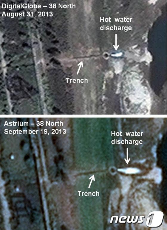 본문 이미지 - 미국 존스홉킨스대 한미연구소가 운영하는 북한 전문 웹사이트 38노스가 2일&#40;현지시간&#41; 북한 영변 원자로 온배수&#40;hot waste water&#41; 배출량이 증가한 것을 증명하는 자료를 공개했다. 위 사진&#40;8월 31일 촬영&#41;보다 아래 사진&#40;9월 19일 촬영&#41;에 온배수 양이 증가한 것을 알 수 있다.이로서 북한이 핵무기 1개 분량의 플루토늄을 생산할 수 있는 영변의 5MW급 가스 흑연 원자로를 재가동했다는 증거가 발견됐다.온배수는 원자력 발전소에서 수증기를 냉각한 후 하천이나 바다에 방출하는 따뜻한 물을 뜻한다. &#40;38노스 홈페이지 캡쳐&#41; 2013.10.3/뉴스1 © News1   &#40;서울=뉴스1&#41;
