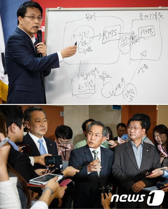 본문 이미지 - 2007년 남북정상회담 회의록&#40;대화록&#41;이 국가기록원 대통령기록관에 이관되지 않았다는 검찰의 중간 수사 결과 발표를 둘러싸고 3일 여야 간 공방이 격화하고 있다.사진 위는 윤상현 새누리당 원내수석부대표가 이날 여의도 당사에서 노무현 전 대통령이 북방한계선&#40;NLL&#41;을 포기한 사실을 은폐하기 위해 대화록을 빼돌렸다고 주장하는 모습. 사진 아래는 이날 민주당 대통령기록물 열람위원들이 남북정상회담 대화록은 대통령기록관에 존재한다고 밝히는 모습. 2013.10.3/뉴스1 © News1 유승관 기자