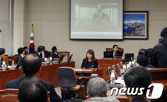 본문 이미지 - 강기정 민주당 의원이 31일 서울 여의도 국회 정무위원회에서 열린 국무조정실, 국가보훈처 에 대한 국정감사에서 박승춘 국가보훈처장이 지난해 대선을 직접적으로 언급한 동영상을 공개하고 있다. 박 처장은 지난해 1월 가락호텔에서 있었던 국제외교안보포럼 신년하례식 및 544차 조찬강연에서 