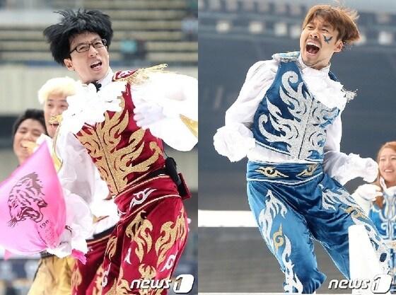 본문 이미지 - MBC &#39;무한도전 응원단&#39;의 방송인 유재석&#40;왼쪽&#41;과 노홍철이 지난달 28일 오후 서울 잠실 종합운동장에서 열린 &#39;2013 정기 고연전&#40;연고전&#41;&#39;에 참석해 멋진 응원을 선보이고 있다. 2013.9.28 스타뉴스/뉴스1 © News1   