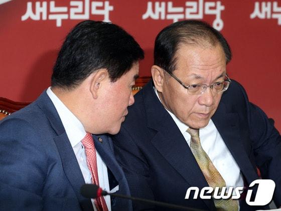 본문 이미지 - 황우여 새누리당 대표와 최경환 원내대표가 7일 오전 서울 여의도 국회에서 열린 최고위원회의에서 대화를 나누고 있다. 2013.10.7/뉴스1 © News1 허경 기자