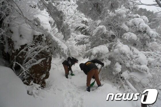 본문 이미지 - 지리산 장터목대피소에 눈이 내렸다<지리산 국립공원 제공>© News1  