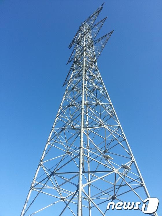 본문 이미지 - 27일 경남 밀양시 단장면 고례리 84번 송전탑에 철탑 조립이 완료돼 있다. 84번 송전탑은 지난달 2일 공사가 재개된 이후 55일 만인 25일날 첫 번째로 철탑 조립이 완료됐다. (한국전력 제공) 2013.11.27/뉴스1 ⓒ News1