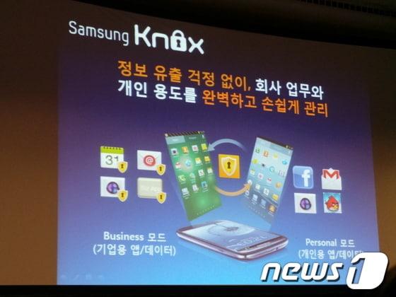 본문 이미지 - 올해 초 열린 세계 최대 모바일전시회 MWC2013에서 삼성전자가 기업용 솔루션 &#39;녹스&#40;KNOX&#41;&#39;에 대해 소개할 때 사용한 발표 자료.© News1 