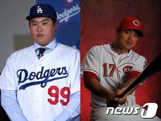 본문 이미지 - 2013시즌 미국 프로야구 메이저리그(MLB)에서 나란히 활약하는 류현진(왼쪽)과 추신수.© News1=AFP   조재현 기자