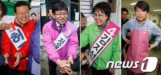 본문 이미지 - (왼쪽부터) 4.24 재보선 서울 노원병 에 출마한 허준영 새누리당,, 정태흥 통합진보당, 김지선 진보정의당, 안철수 무소속 후보 2013.4.10/뉴스1 © News1 유승관 기자