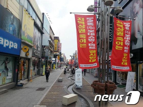본문 이미지 - 포항 중앙상가 상인들이 롯데마트 입점을 반대하는 현수막을 실개천 곳곳에 내걸었다./최창호 기자© News1 