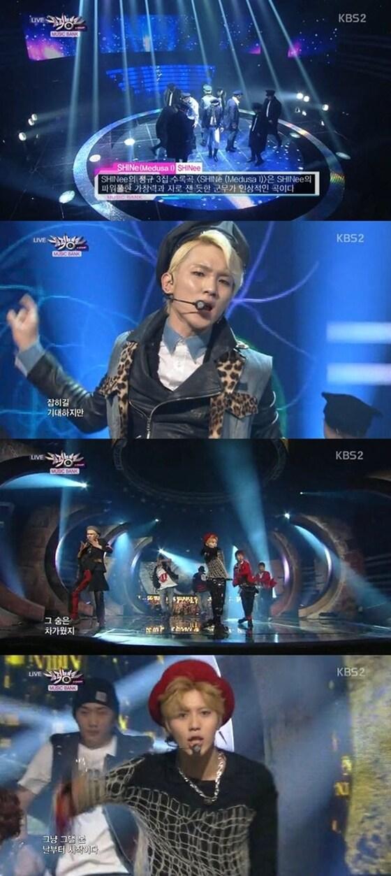 본문 이미지 - 그룹 샤이니가 좀비를 연상케하는 안무로 무대를 펼쳤다. (KBS2 '뮤직뱅크' 제공)© News1 