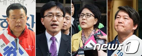 본문 이미지 - 4일 4·24 재보궐선거 서울 노원병 후보등록을 마친 네 후보들이 각각 출마의 변을 밝히고 있다. (왼쪽부터) 새누리당 허준영, 통합진보당 정태흥, 진보정의당 김지선, 무소속 안철수 후보. 2013.4.4/뉴스1 © News1 유승관, 양동욱 기자