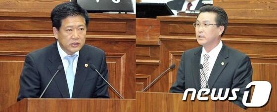 본문 이미지 - 울산시의회(의장 서동욱)가 21일 제153회 임시회 2차 본회의를 개최한 가운데 새누리당 권명호 제1부의장과 통합진보당 이재현 제2부의장이 5분 자유발언을 통해 일산유원지 시유지 매각의 중단을 촉구하고 있다. 의회는 이날 본회의 표결을 통해 찬성(15):반대(10)으로 통과를 최종 결정지었다.© News1 노화정 기자 