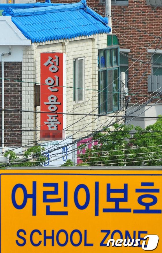 본문 이미지 - 22일 전북 전주시 인후2동 동북초등학교 30m 인근 상가에서 유해업소로 분류된 성인용품점이 버젓이 영업을 하고 있다.2013.05.22/뉴스1 © News1 김대웅 기자